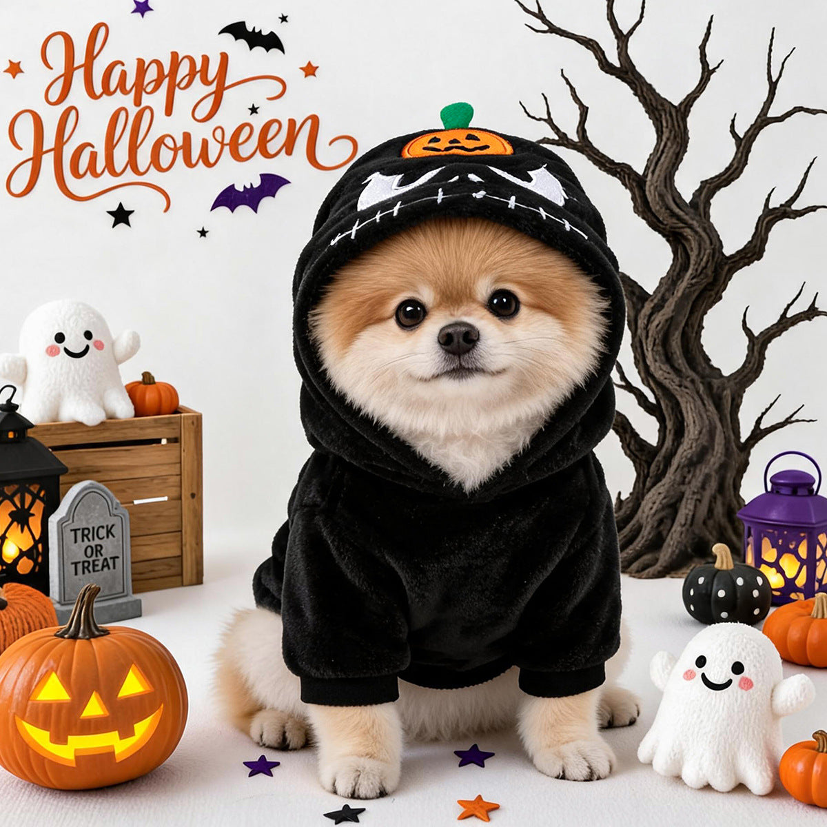 Halloween Dog Costume – Black Skeleton Hoodie with Pumpkin Hood for Small Dogs