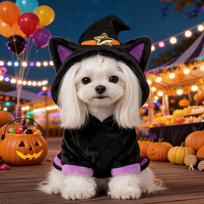 Black Cat Witch Halloween Pet Hoodie – Plush Costume for Cats & Small Dogs