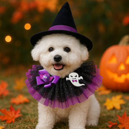 Halloween Dog Collar Costume – Tulle Ruffle Pet Neckwear with Pumpkin, Ghost & Skull Decor