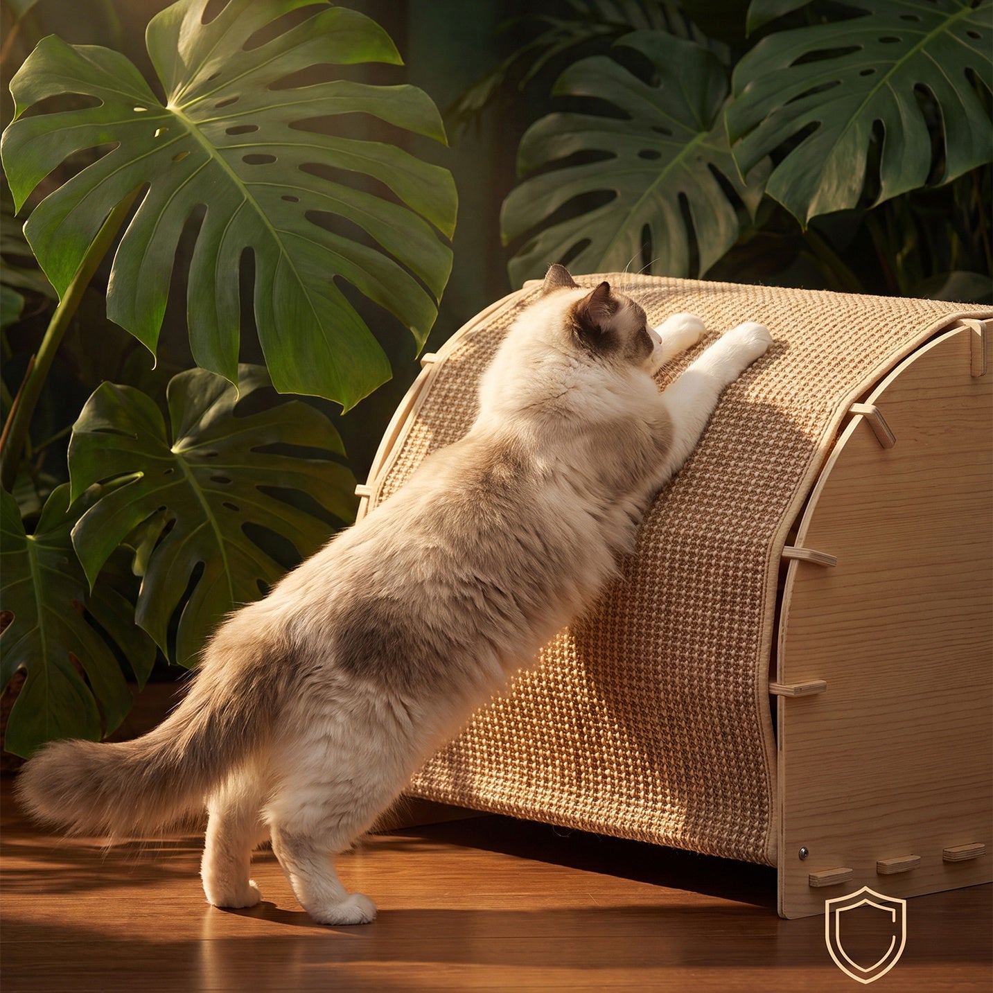 Wooden Cat House with Scratching Roof & Cushioned Bed – Indoor Cat Condo with Privacy Curtains