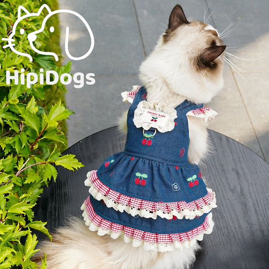 Cherry Denim Pet Harness Dress – Cute Lace Princess Style