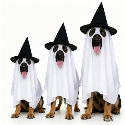 Halloween Ghost Dog Costume with Witch Hat – White Sheet Pet Costume