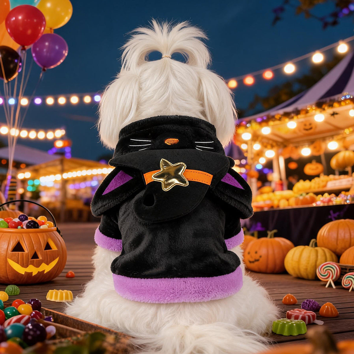 Black Cat Witch Halloween Pet Hoodie – Plush Costume for Cats & Small Dogs