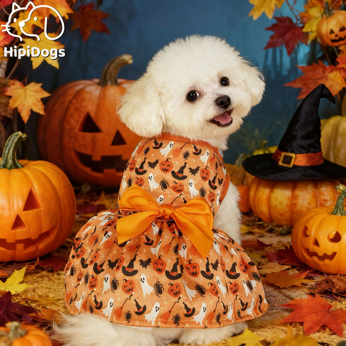 Orange Halloween Dog Dress – Pumpkin, Ghost & Bat Print Pet Costume with Satin Bow