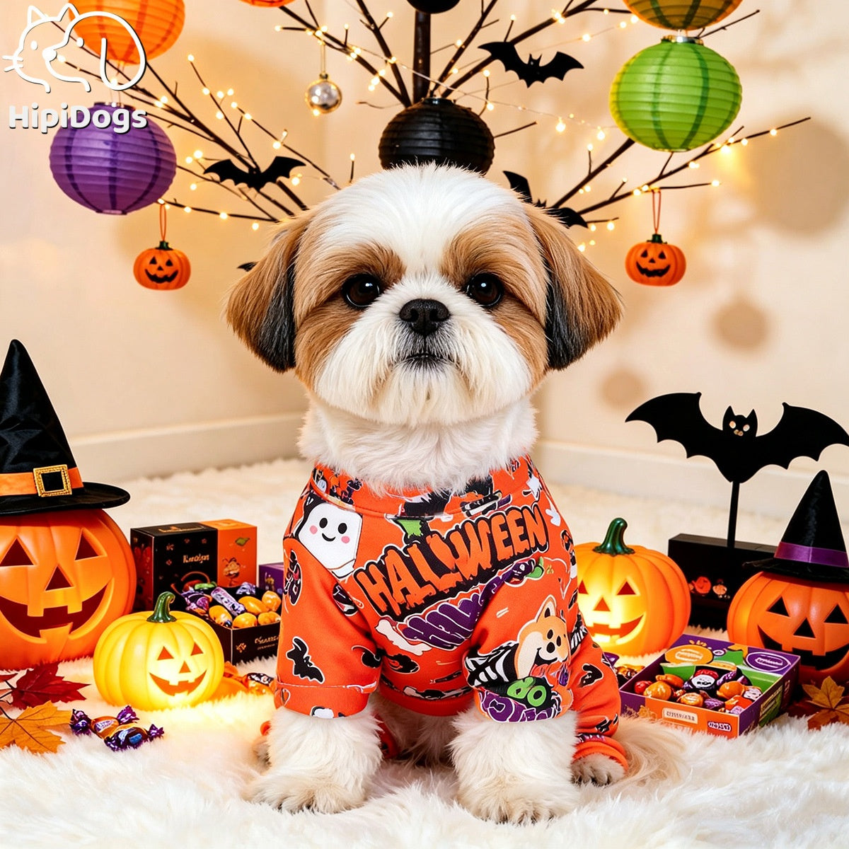Halloween Dog Pajamas – Pumpkin Ghost Print Pet Jumpsuit for Small Dogs & Cats