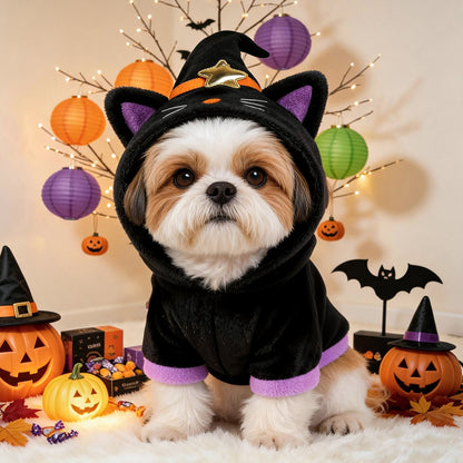 Halloween Black Cat Dog Costume – Witch Hat Hoodie for Small Dogs & Cats