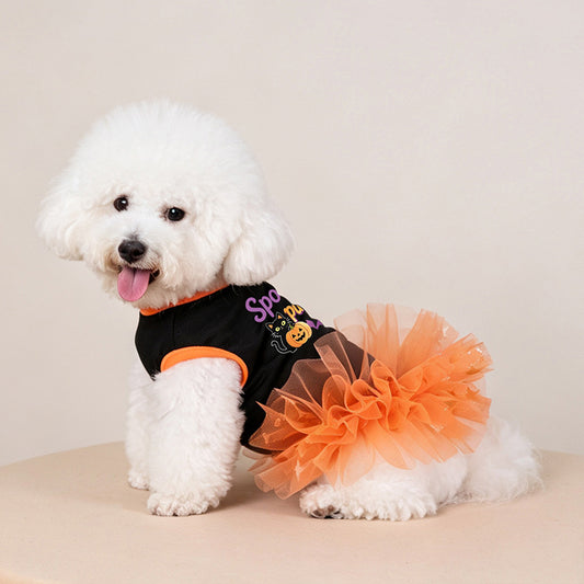 Spooky Pumpkin Halloween Dog Dress – Black & Orange Tutu Pet Costume