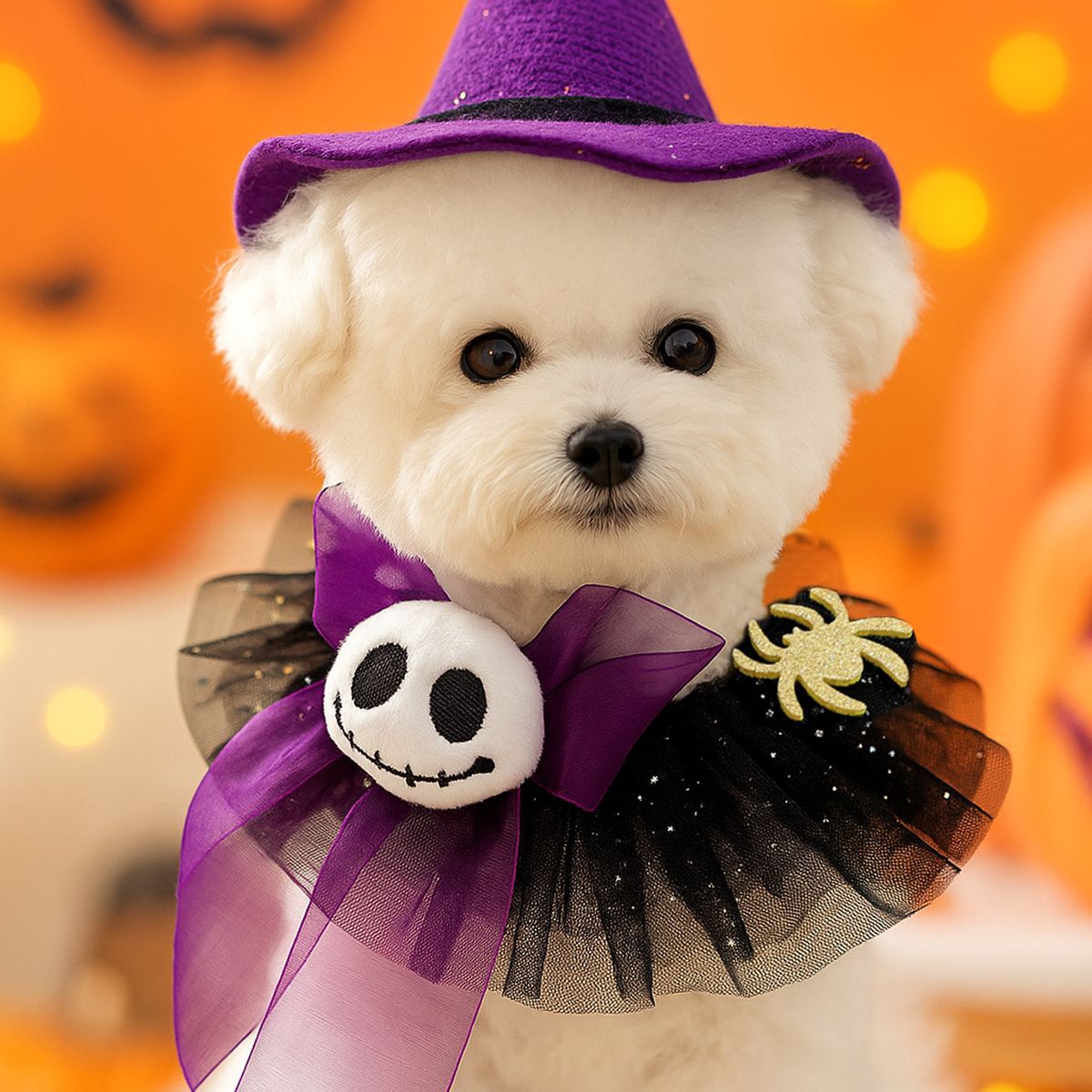 Halloween Dog Collar Costume – Tulle Ruffle Pet Neckwear with Pumpkin, Ghost & Skull Decor