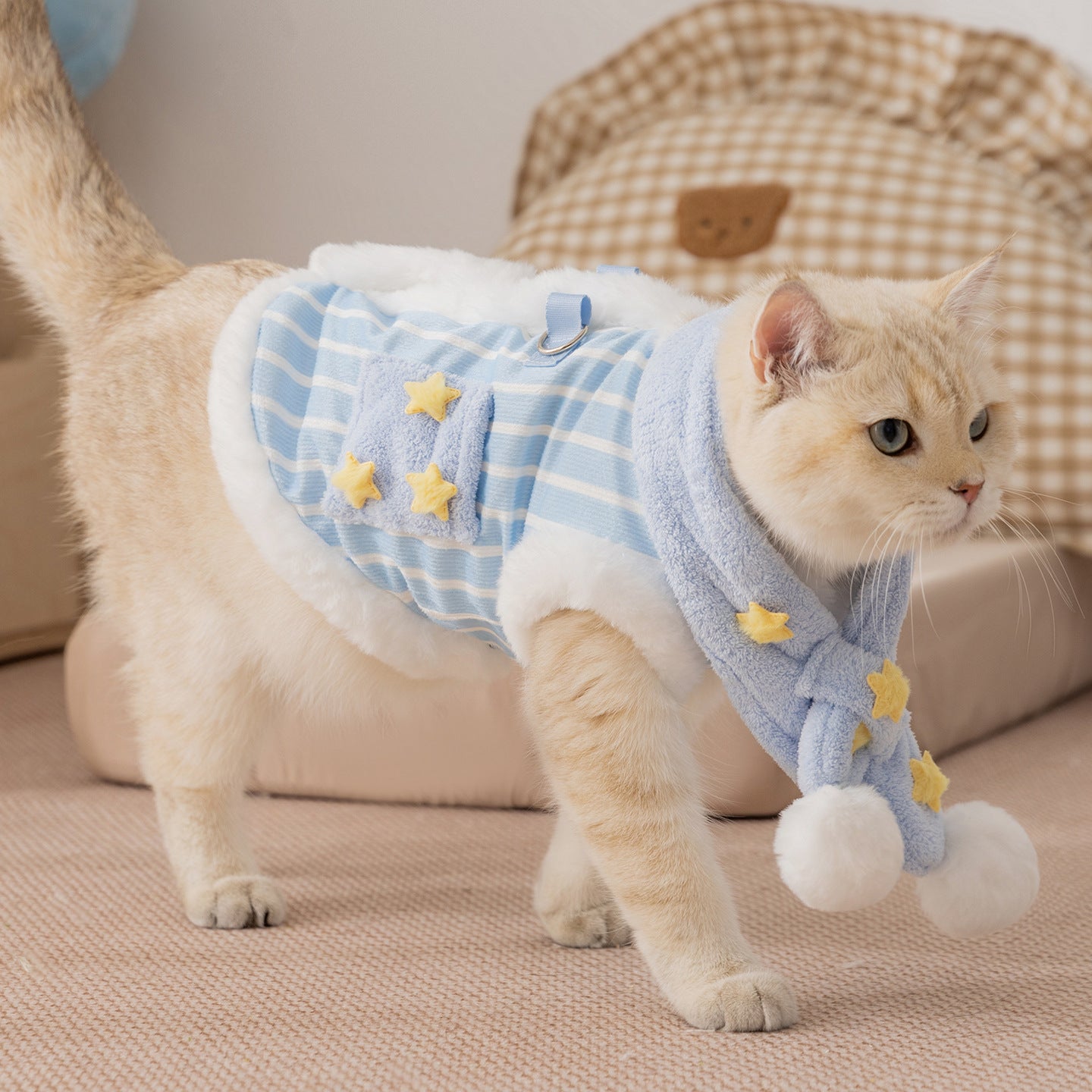 Starry Sky Striped Vest for Cats – Cozy & Stylish with Stars & Pom Poms