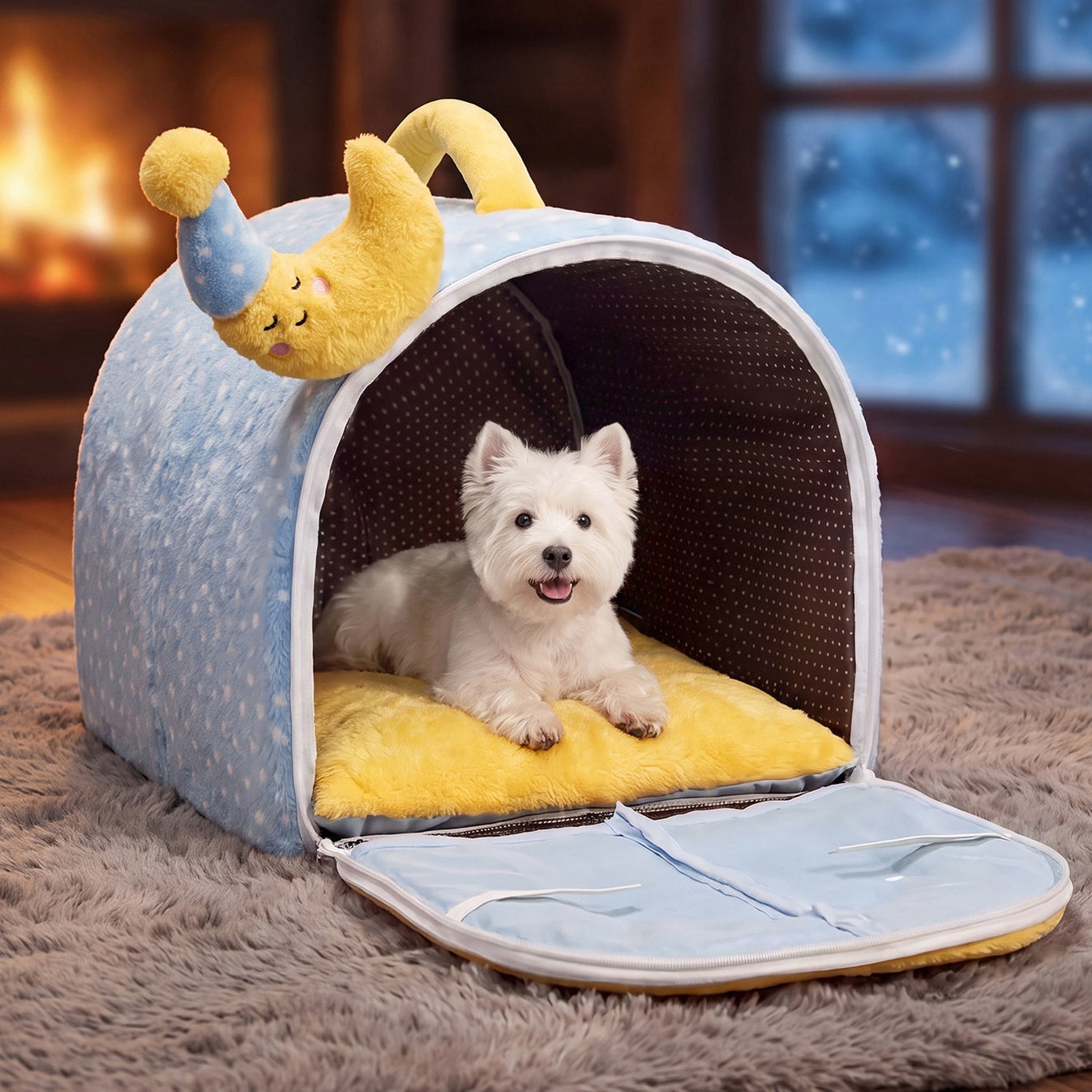 Cozy Enclosed Dog House Bed – Warm Plush Pet Cave with Curtains & Carry Handle for Dogs and Cats