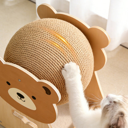 Apple & Bear Wooden Cat Scratcher – Cute Cartoon Sisal Ball Scratching Toy for Indoor Cats