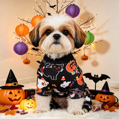 Halloween Dog Pajamas – Pumpkin Ghost Print Pet Jumpsuit for Small Dogs & Cats