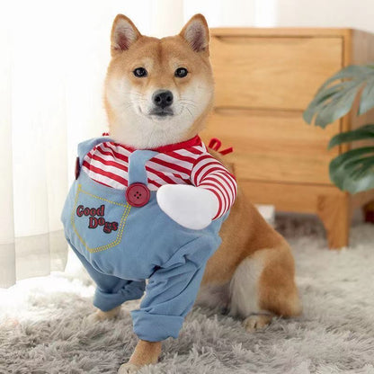 Killer Doll Dog Costume – Halloween Pet Costume with Red Striped Shirt, Overalls & Orange Wig