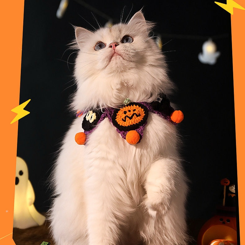 Crochet Halloween Pet Collar – Handmade Ghost Pumpkin Cat & Dog Costume Neckwear