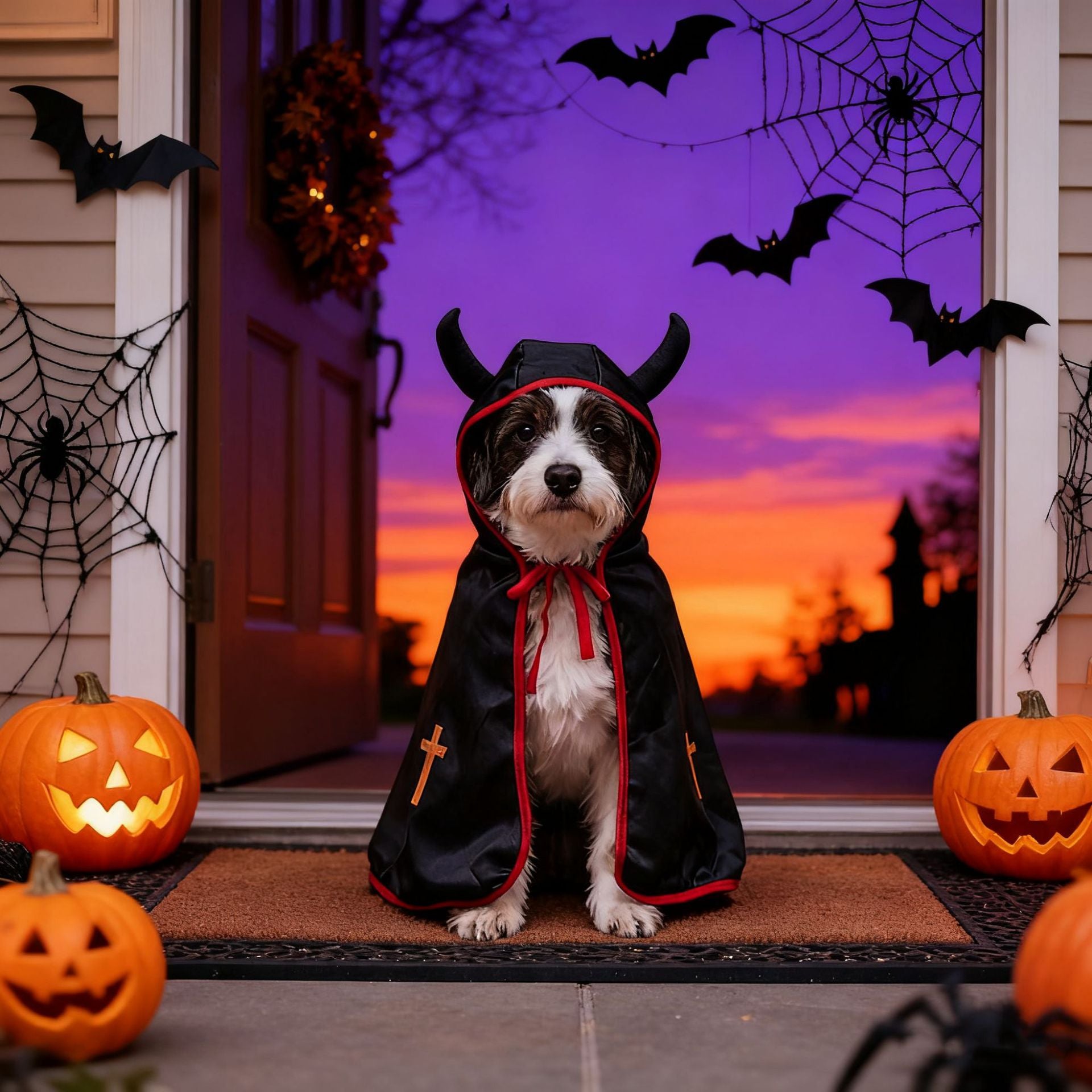 Devil Dog Halloween Costume – Horned Hooded Cape with Pumpkin & Cross Print