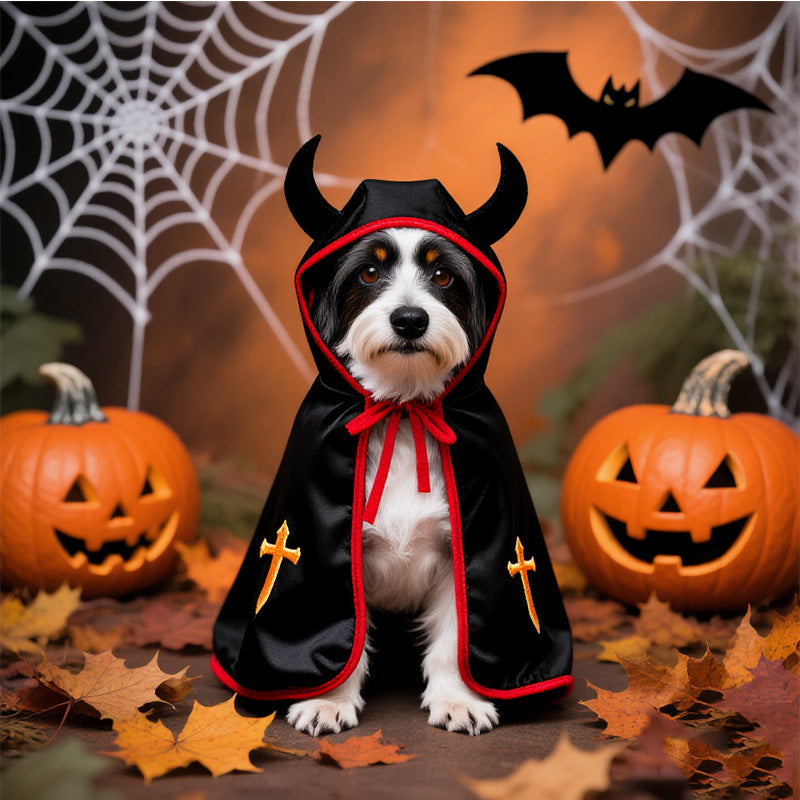 Devil Dog Halloween Costume – Horned Hooded Cape with Pumpkin & Cross Print