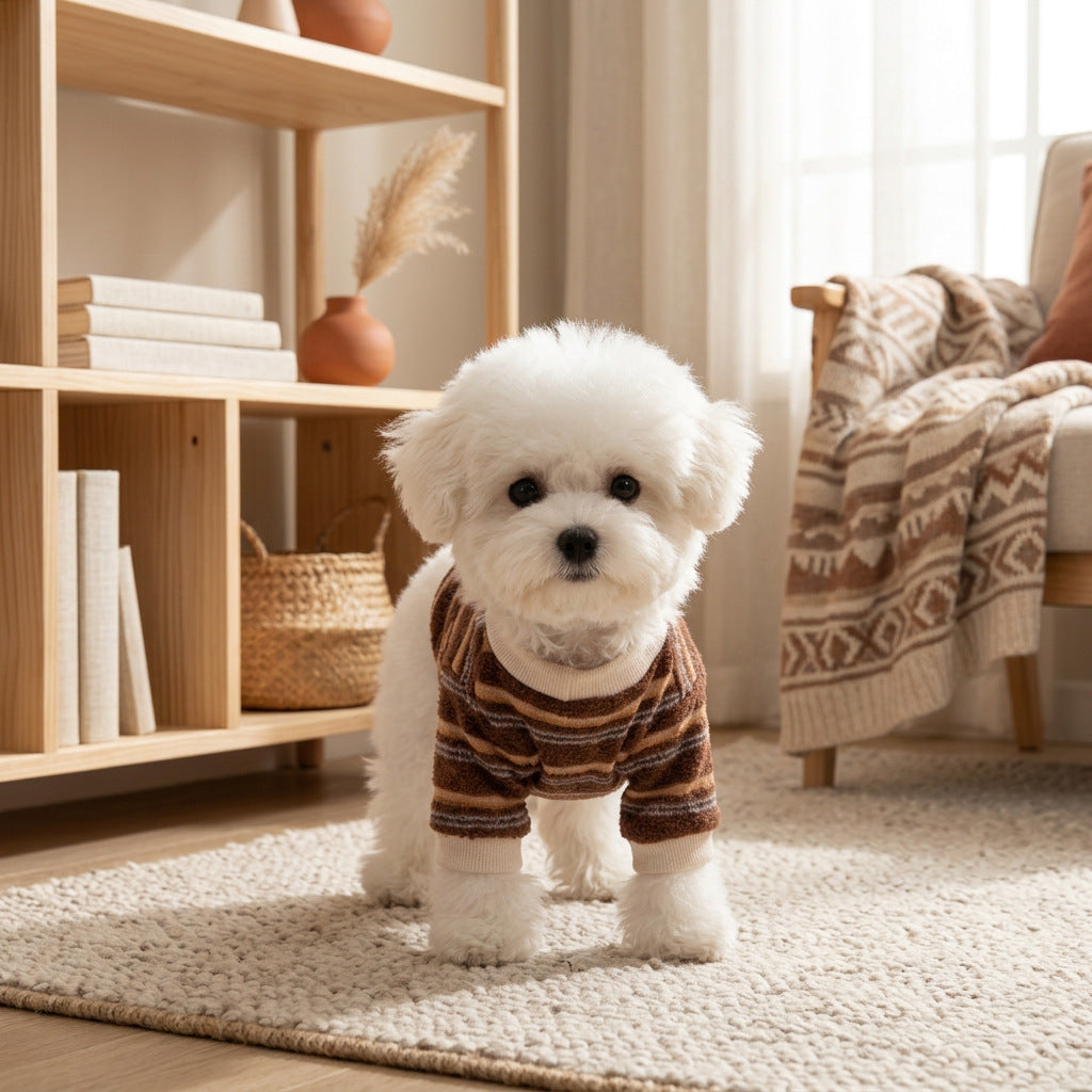 Striped Four-Leg Pet Jumpsuit – Cozy Dog Pajamas with Cartoon Patch & Leash D-Ring