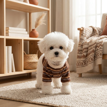 Striped Four-Leg Pet Jumpsuit – Cozy Dog Pajamas with Cartoon Patch & Leash D-Ring