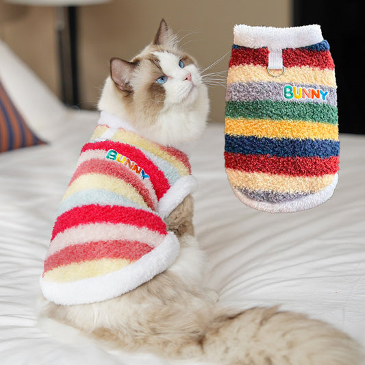 Warm Plush Striped Dog Hoodie – Soft Winter Pet Sweater with Hood for Small Dogs