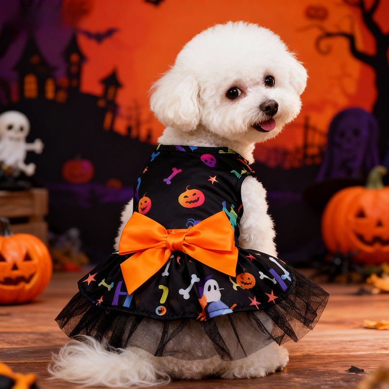 Halloween Dog Dress – Skull & Pumpkin Print Pet Costume with Bow and Tulle Skirt