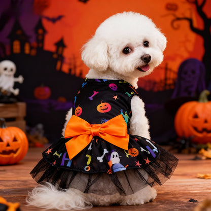 Halloween Dog Dress – Skull & Pumpkin Print Pet Costume with Bow and Tulle Skirt