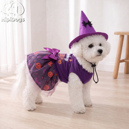 Halloween Witch Dog Dress with Hat – Pumpkin Tutu Costume for Small Dogs & Cats