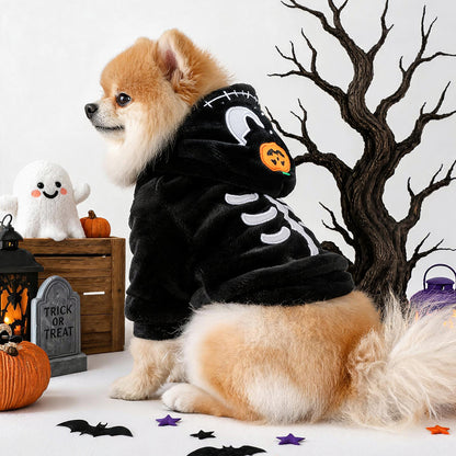 Halloween Dog Costume – Black Skeleton Hoodie with Pumpkin Hood for Small Dogs