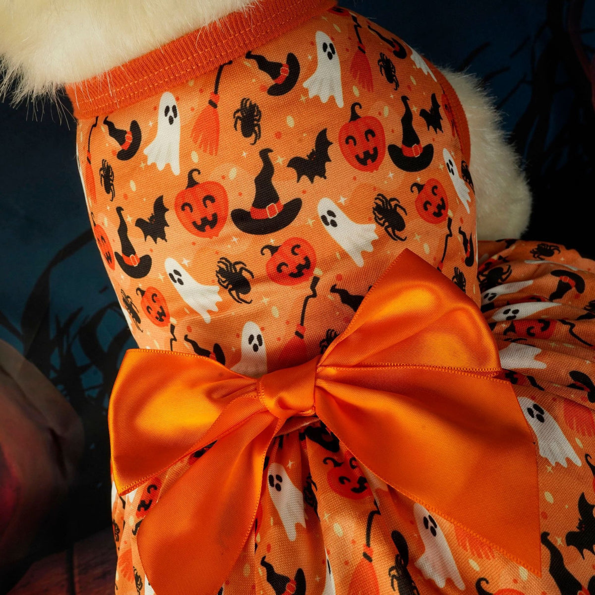 Orange Halloween Dog Dress – Pumpkin, Ghost & Bat Print Pet Costume with Satin Bow