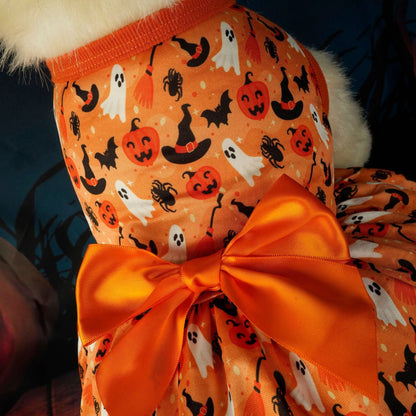 Orange Halloween Dog Dress – Pumpkin, Ghost & Bat Print Pet Costume with Satin Bow