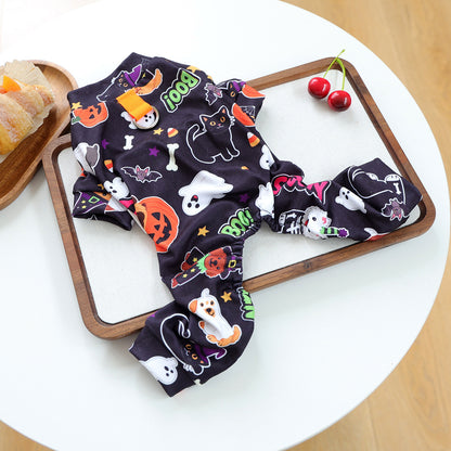 Halloween Dog Pajamas – Pumpkin Ghost Print Pet Jumpsuit for Small Dogs & Cats