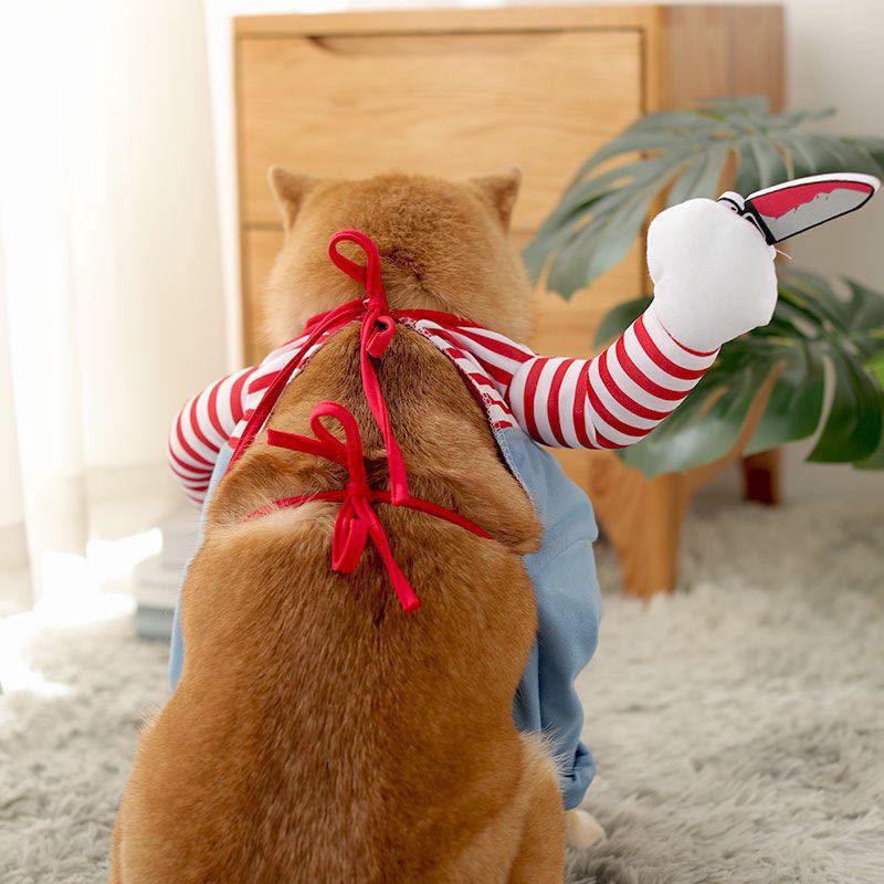 Killer Doll Dog Costume – Halloween Pet Costume with Red Striped Shirt, Overalls & Orange Wig