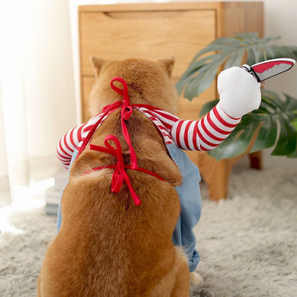 Killer Doll Dog Costume – Halloween Pet Costume with Red Striped Shirt, Overalls & Orange Wig