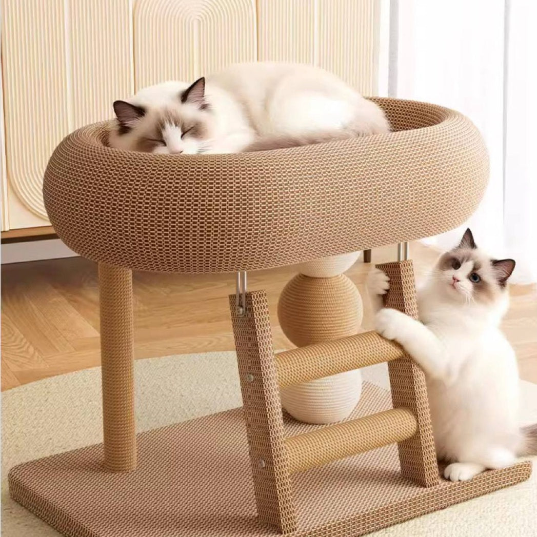 Modern Cat Scratcher Bed Tower – Oval Sisal Scratching Lounge with Cozy Resting Platform
