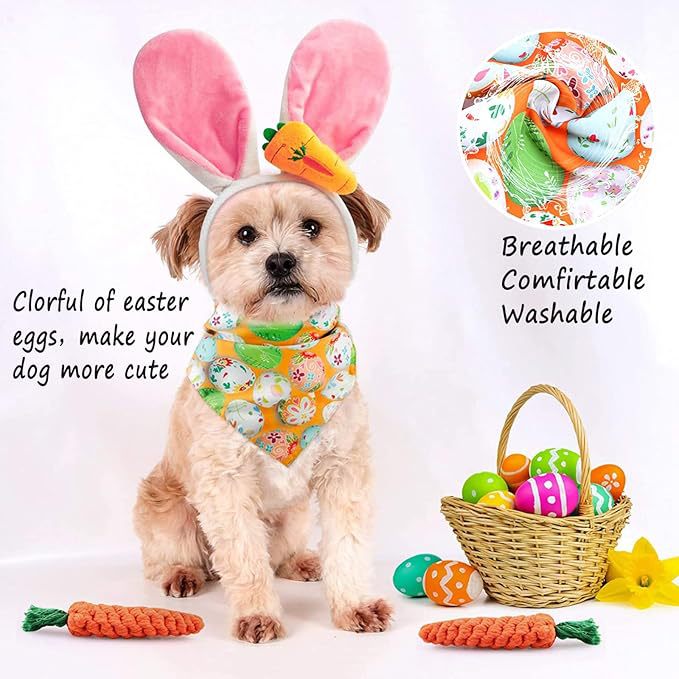 Easter Bunny Dog Costume Set | Rabbit Ear Headband, Egg Bandana & Carrot Toy | Cute Easter Pet Outfit | HipiDogs