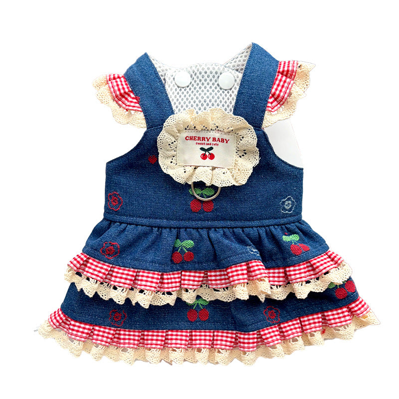 Cherry Denim Pet Harness Dress – Cute Lace Princess Style
