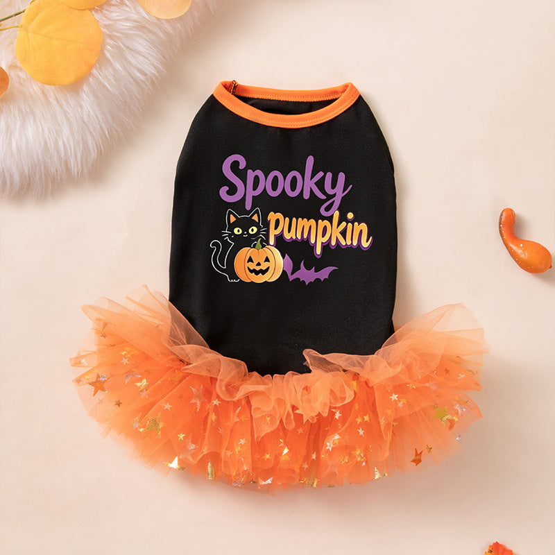 Spooky Pumpkin Halloween Dog Dress – Black & Orange Tutu Pet Costume