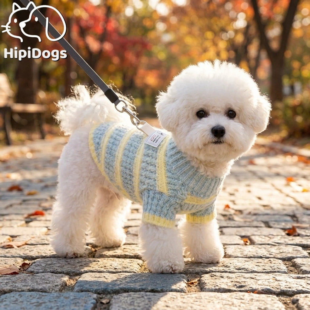 Cozy Striped Knit Dog Sweater – Soft Turtleneck Puppy Pullover with Leash Ring Detail