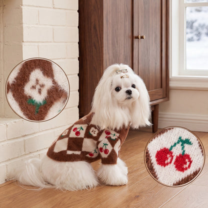 Cozy Cherry Argyle Dog Sweater – Soft Fuzzy Knit Pullover for Cool Weather