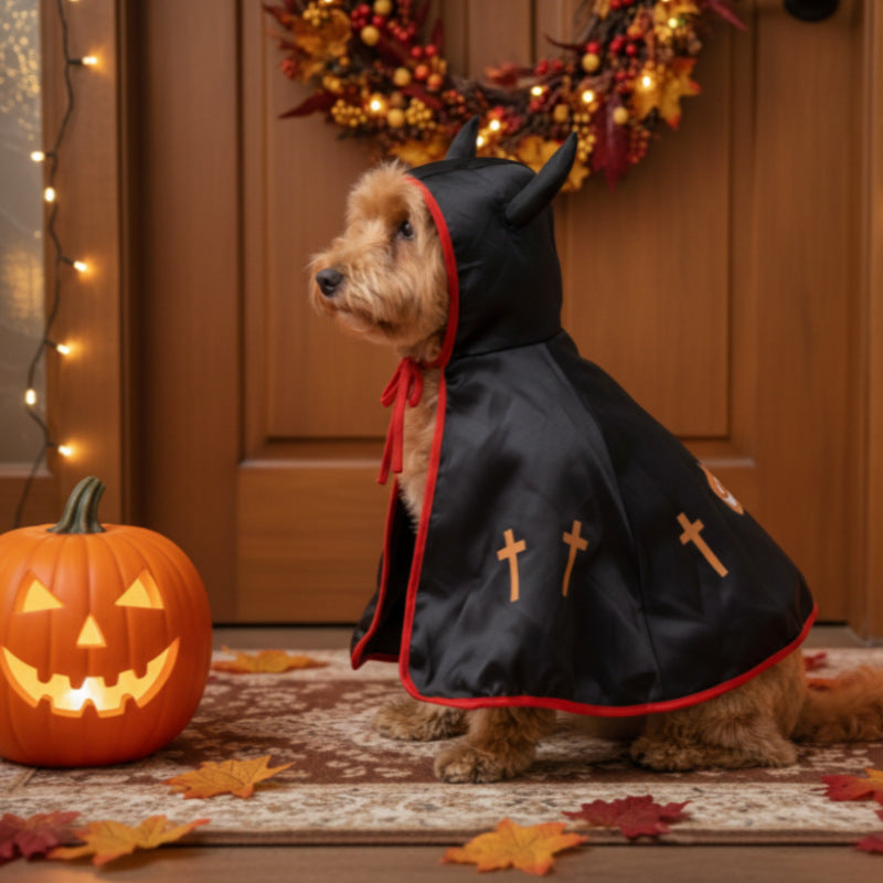 Devil Dog Halloween Costume – Horned Hooded Cape with Pumpkin & Cross Print