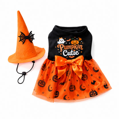 Halloween Witch Dog Dress with Hat – Pumpkin Tutu Costume for Small Dogs & Cats