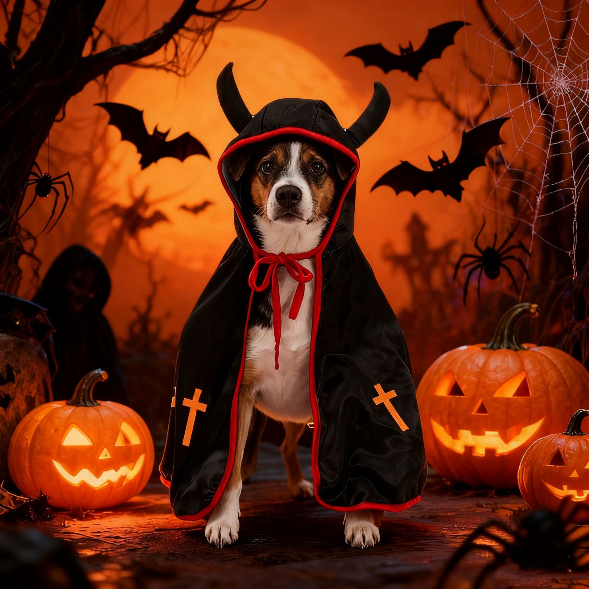 Devil Dog Halloween Costume – Horned Hooded Cape with Pumpkin & Cross Print