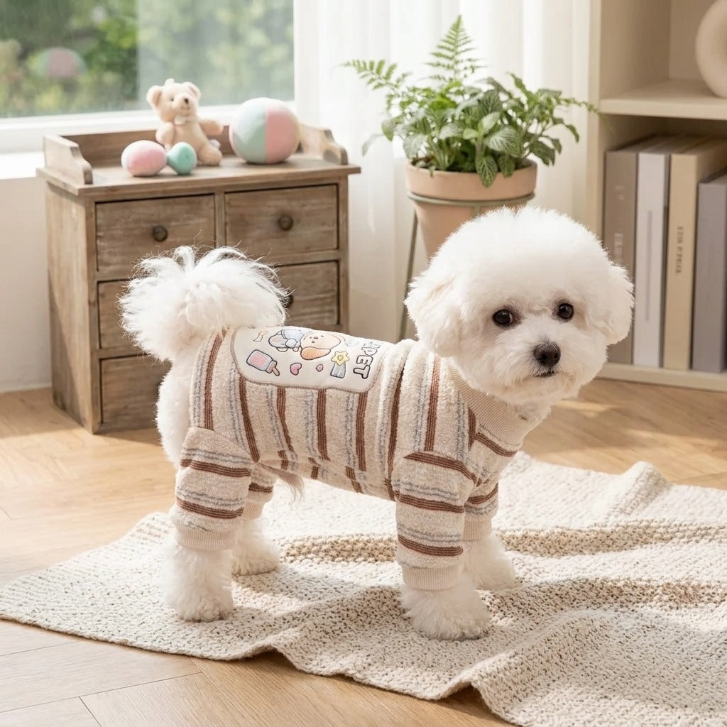 Striped Four-Leg Pet Jumpsuit – Cozy Dog Pajamas with Cartoon Patch & Leash D-Ring