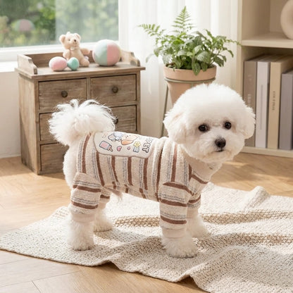 Striped Four-Leg Pet Jumpsuit – Cozy Dog Pajamas with Cartoon Patch & Leash D-Ring