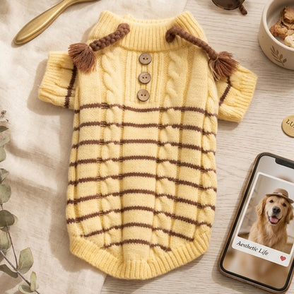 Soft Knitted Dog Sweater – Cable Knit Turtleneck Pullover with Striped Pattern & Tassel Detail