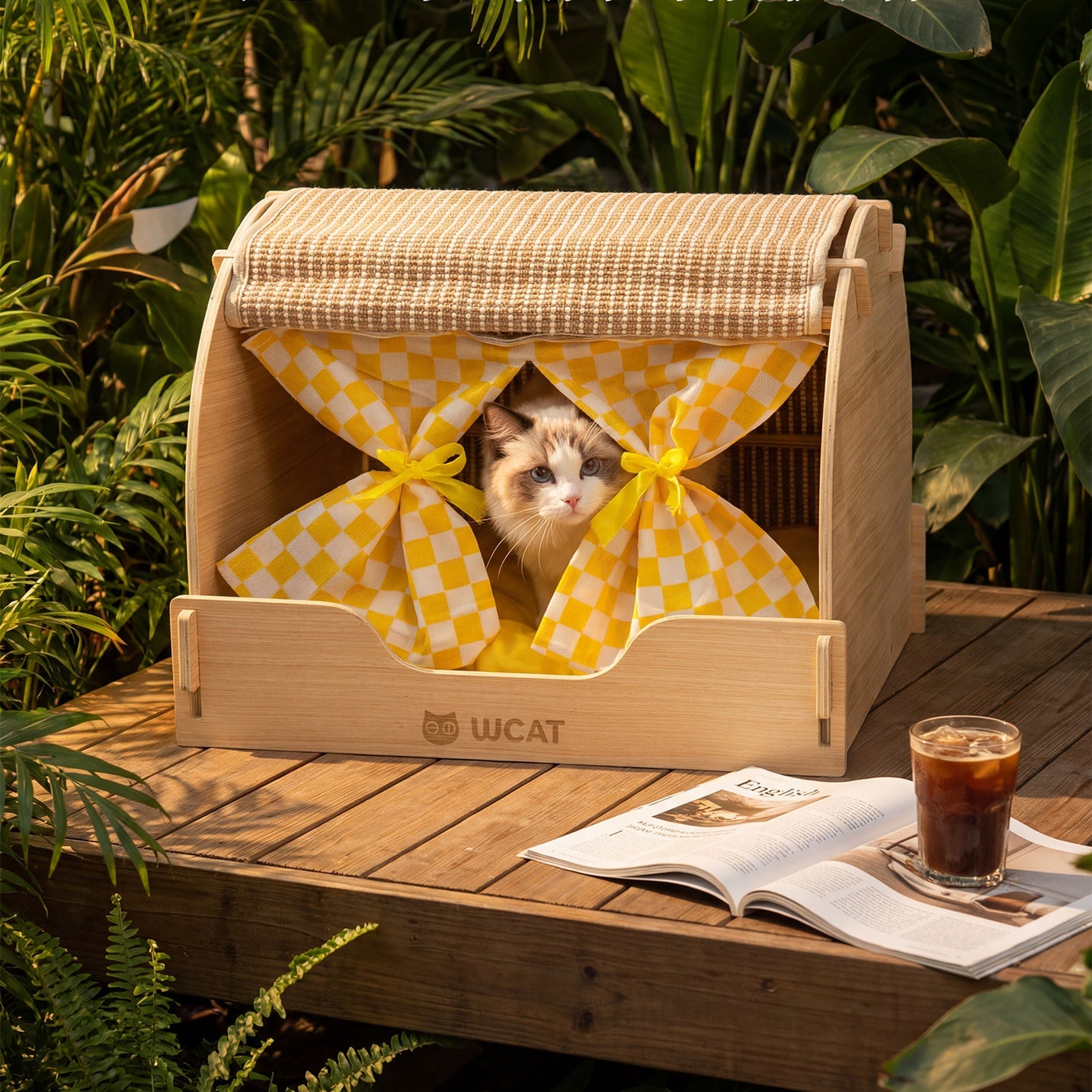 Wooden Cat House with Scratching Roof & Cushioned Bed – Indoor Cat Condo with Privacy Curtains