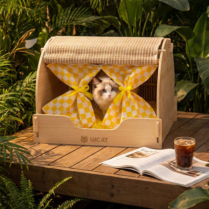Wooden Cat House with Scratching Roof & Cushioned Bed – Indoor Cat Condo with Privacy Curtains