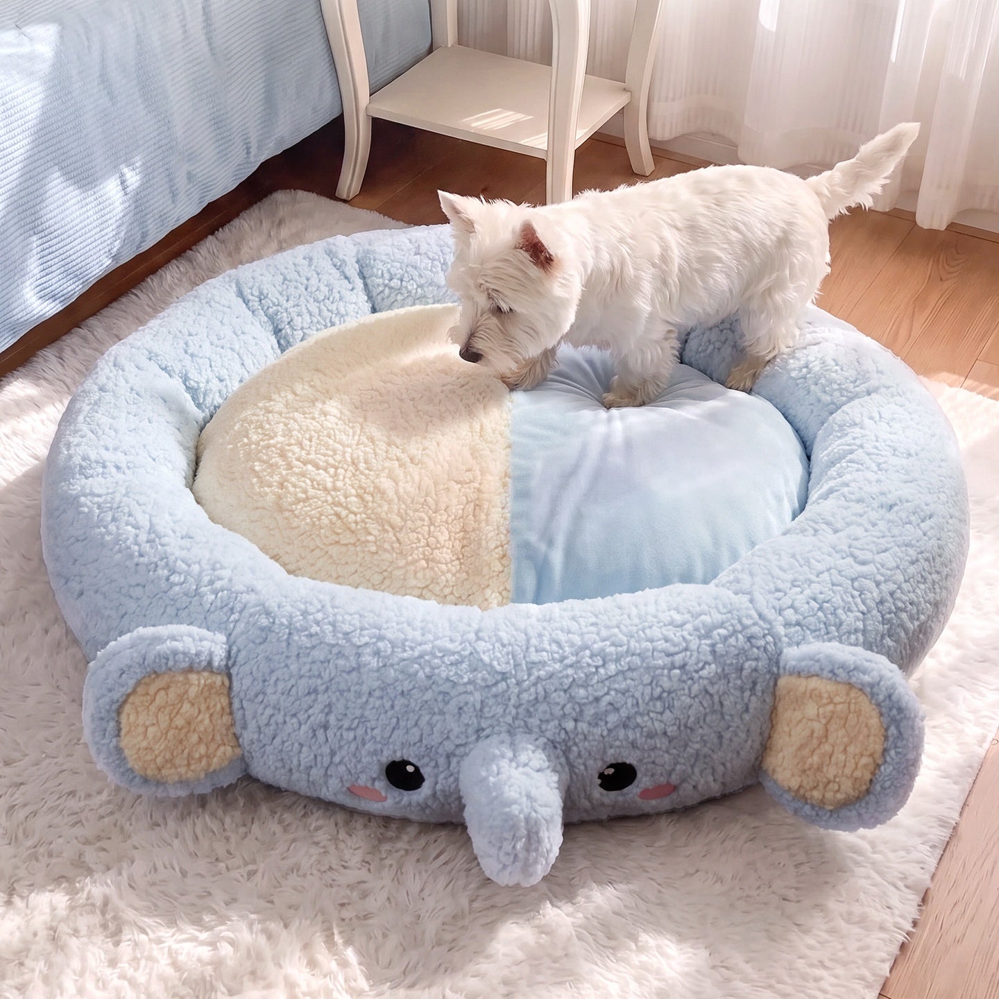 Cute Cartoon Plush Pet Bed for Dogs & Cats – Cozy Round Nest with Raised Sides