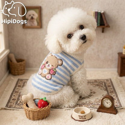 Cute Striped Pet Sweater – Soft Knit Sleeveless Dog & Cat Jumper with Cartoon Bear or Lamb Design