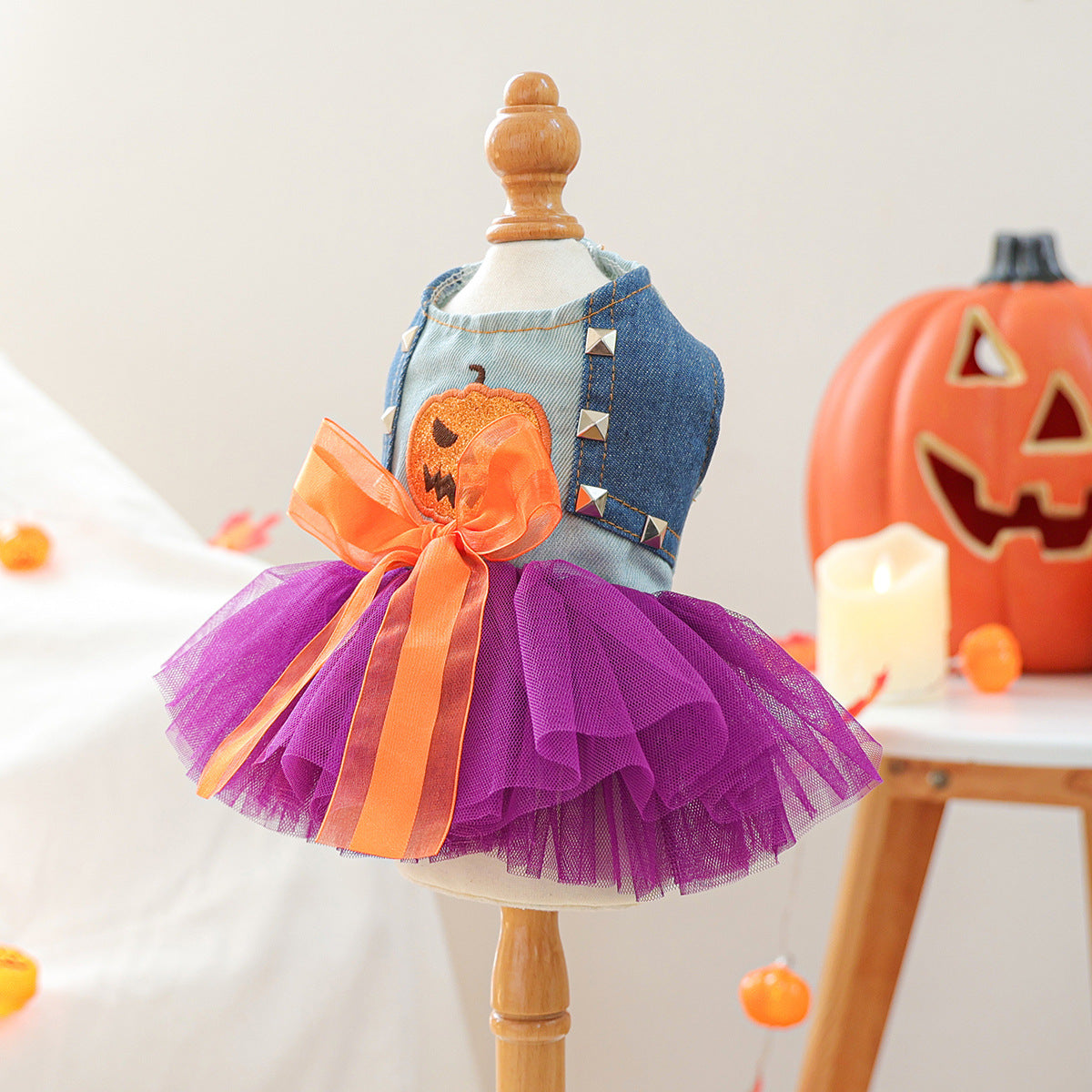 Halloween Pumpkin Tutu Dog Dress – Purple Tulle Pet Costume with Denim Bodice