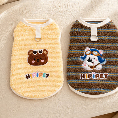 Fuzzy Dog Harness Vest with Cute Character Patch – Cozy Walking Vest with Leash Attachment
